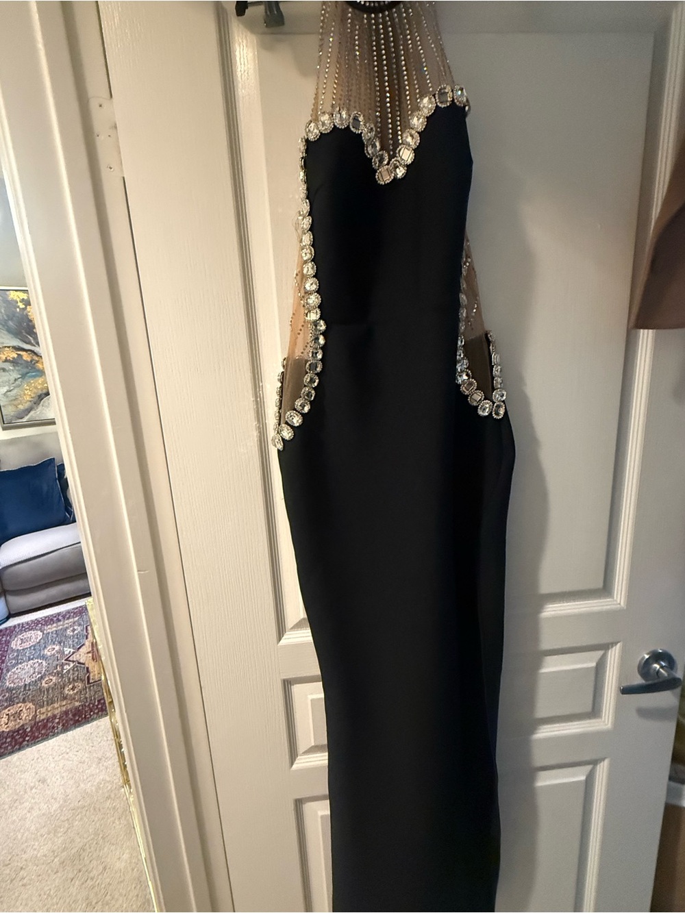 Black Evening Gown with Crystal Embellishments - Sheer Nude Accents